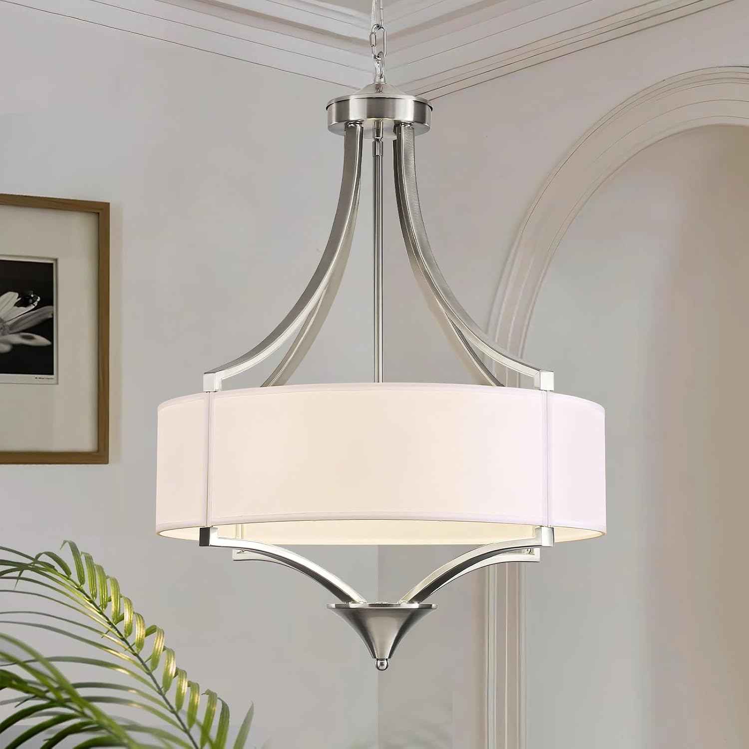 6-Light Brushed Nickel Chandelier 19.7" Modern Drum Chandeliers for Dining Room Light Fixture with White Fabric Shade Large Pendant Lighting for Kitchen Island Living Room Bedroom Foyer Over Table,E26