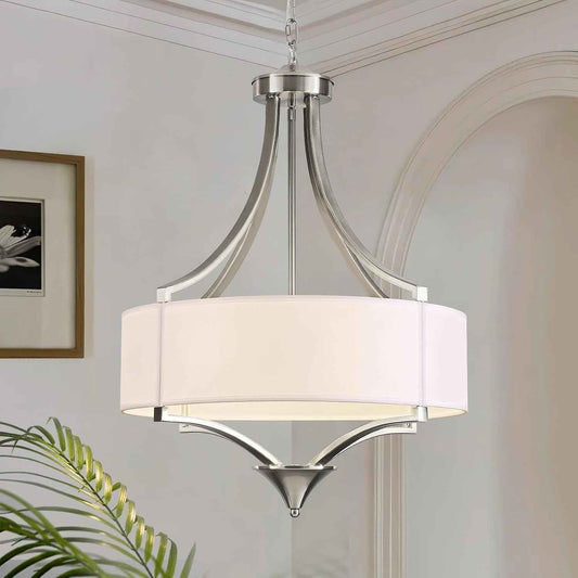 6-Light Brushed Nickel Chandelier 19.7" Modern Drum Chandeliers for Dining Room Light Fixture with White Fabric Shade Large Pendant Lighting for Kitchen Island Living Room Bedroom Foyer Over Table,E26