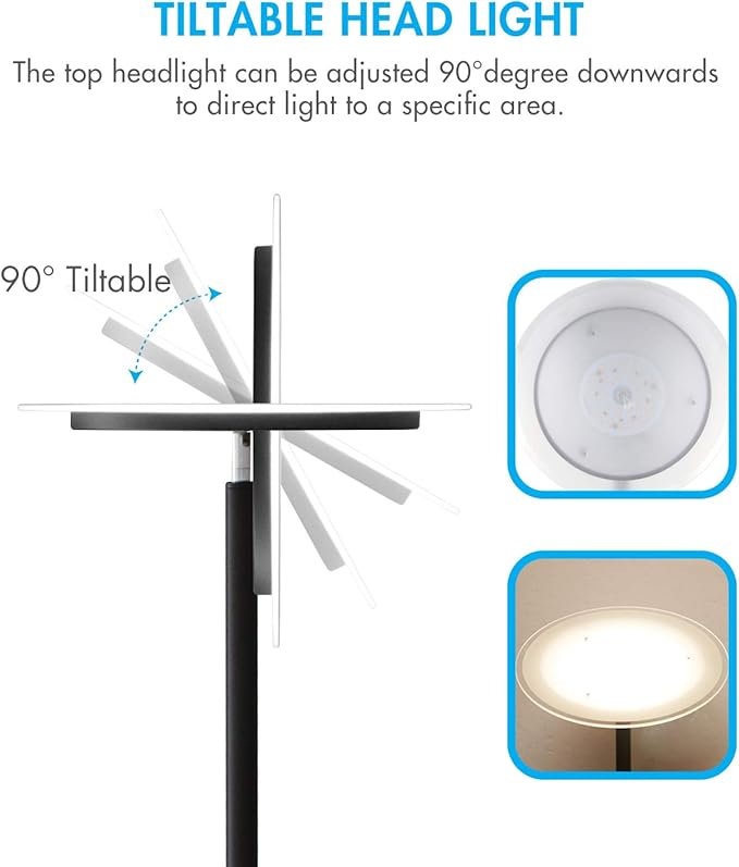 Tenergy Torchiere Dimmable LED Floor Lamp, Remote Controlled 30W (150W Equivalent) Standing Lamp, 90° Adjustable Top, Wall Switch Smart Outlet Compatible, Warm White Light