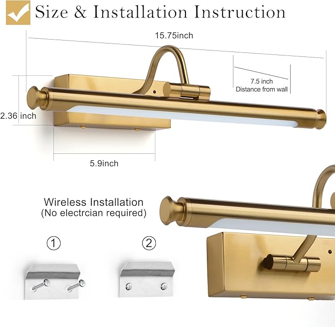 Wireless 15.7in Gold Brass Picture Light – Rechargeable LED Wall Art Lamp with Remote Control, Timer, Adjustable Arm, 3 Color Temperatures & Stepless Dimming, for Living Room and Gallery Lighting