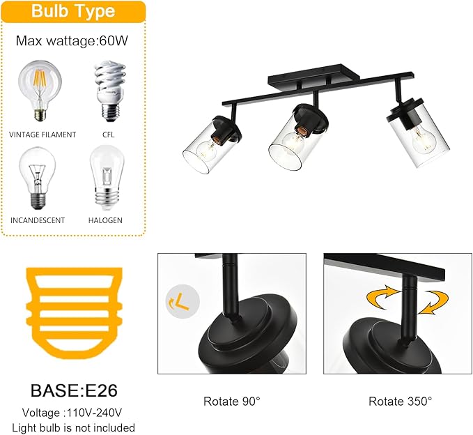 BONLICHT Industrial Vintage Indoor Wall Mount Spotlight 3 Light Modern Semi Flush Mount Ceiling Light Black Adjustable Track Lighting Kit Rustic Bathroom Vanity Light Fixture with Clear Glass Shade - Aura Lighting