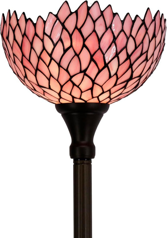 WERFACTORY Tiffany Floor Lamp Pink Stained Glass Wisteria Light 12X12X71 Inches Pole Torchiere Standing Corner Torch Uplight Decor Bedroom Living Room Home Office S523P Series