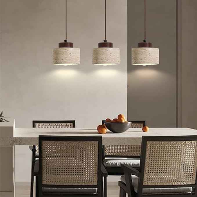 Set of 3 Japanese Travertine Hanging Lamps, Cylinder Natural Stone Pendant Lights Kitchen Island Adjustable Small Chandelier for Dining Room Bedside(Walnut,12cm/4.72in)
