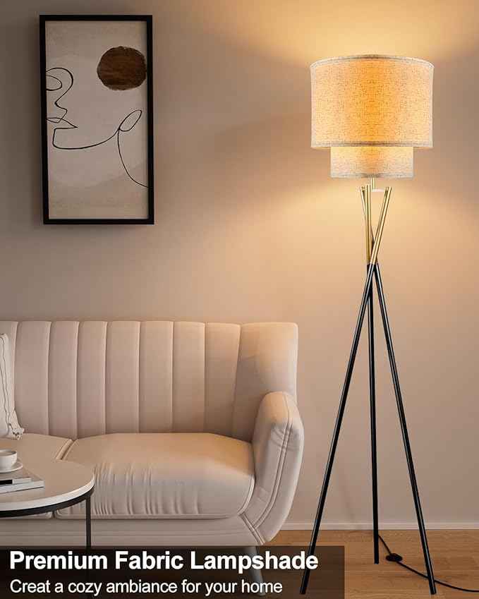 Lightdot Glod&Black Tripod Floor Lamp, Modern Floor Lamps for Living Room, Standing Lamp with Dual Drum, E26 Bulb Included, 67.7" Tall Floor Lamp for Bedroom, Home Office