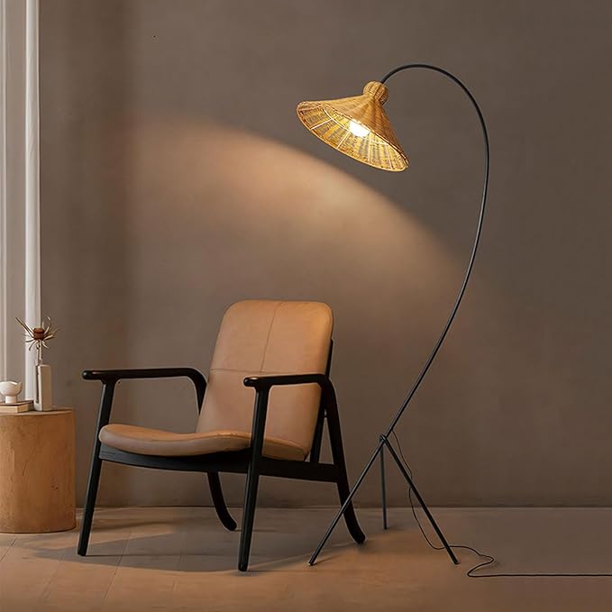 Wabi-Sabi Style Rattan Floor Lamp H72.83in E26 3-Color Dimming Living Room Corridor Standing Lamp Bedroom Study Torchiere Villa Club Decorative Lighting Fixture
