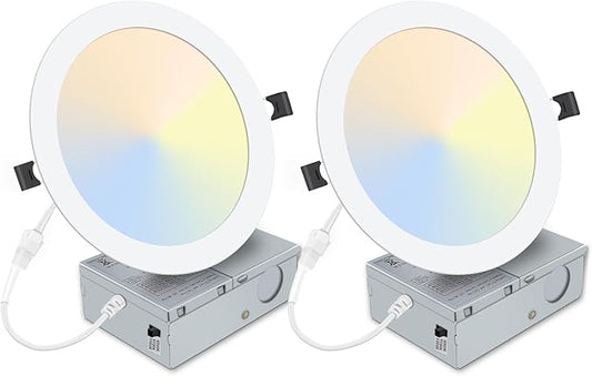 2 Pack 8 Inch LED Recessed Light- Ultra-Thin Recessed Ceiling Lighting with Junction Box, 3000K/4500K/6000K Selectable, 1800LM High Brightness, Dimmable Canless Downlight Fixtures