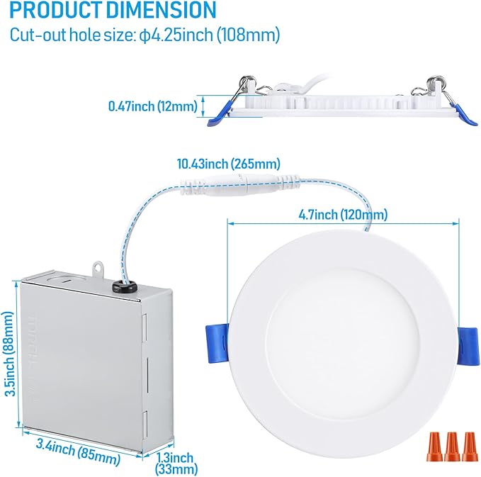 TORCHSTAR Basic Series 12-Pack 4 Inch Ultra-Thin LED Recessed Lighting with Junction Box, Aluminum, 2700K Soft White, 5%-100% Dimmable Slim Recessed Downlight, 10W 650LM, ETL and Energy Star