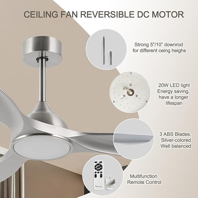 52 Inch Quiet DC Motor 6 Speed High CFM Modern Ceiling Fan with Lights Remote Control, 3 Blade Indoor Silver Ceiling Fan for Bedroom, Office, Living Room