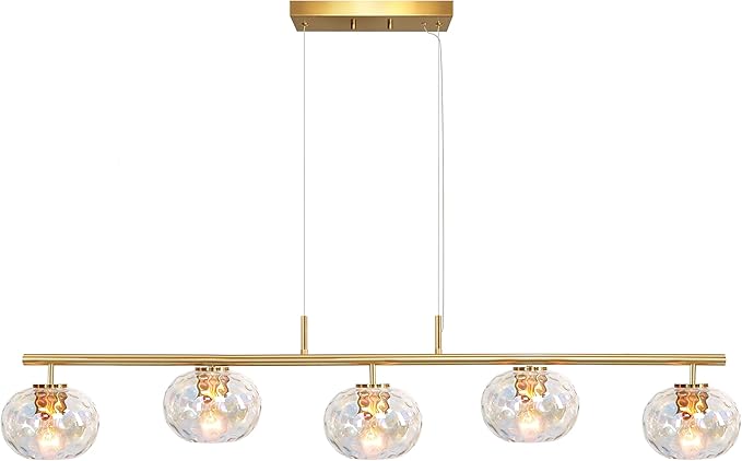 47" W Brass Chandelier Light Fixture with Stained Glass Shade, Modern Brushed Gold Island Lighting for Kitchen Dining Room