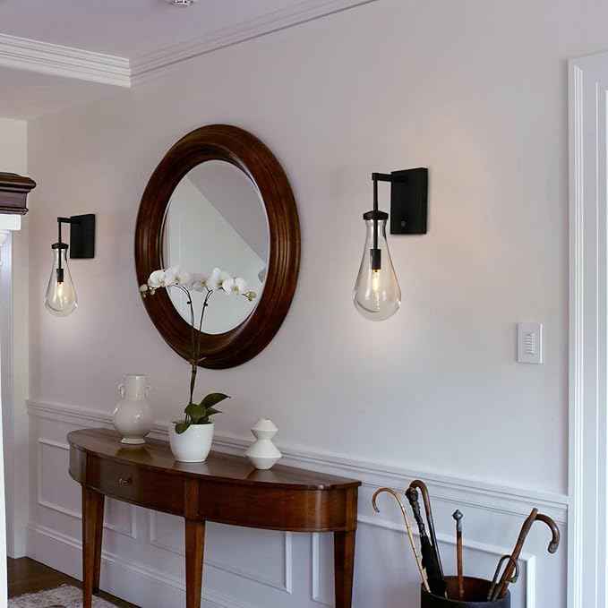 HuisMier Raindrop Wall Sconces, Black Wall Sconces with On/Off Switch, Modern Clear Glass Wall Lamp Vanity Light Fixtures for Bathroom Bedroom Living Room Hallway, Hardwired
