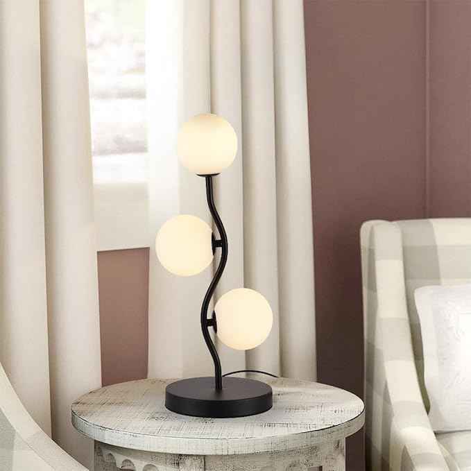 3-Light Curve Black Globe Table Lamp Mid Century Flower Beside Desk Table Light with Milk White Glass Shade Metal Base Nightstand Lamp for Bedroom Bedside