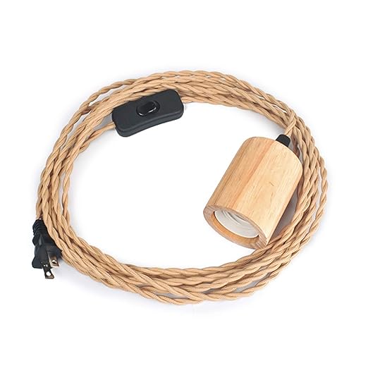 Arturesthome Wood Pendant Light Cord Kit with Switch, 5FT Vintage Industrial Hanging Light Plug in Lamp Cord with Twisted Nylon Rope Lights Socket E26 E27 for Farmhouse Lamp Cable Retro DIY (5FT)