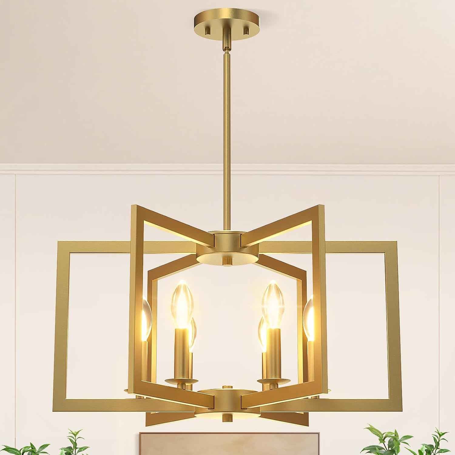 Modern Gold Chandelier, 6-Light Geometric Dining Room Light Fixture, Industrial Pendant Lights Kitchen Island, Hanging Metal Farmhouse Chandelier for Bedroom, Entryway, Foyer, Kitchen, Living Room