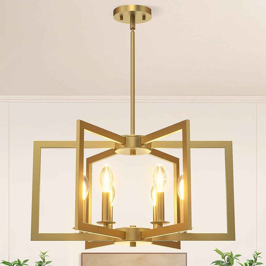 Modern Gold Chandelier, 6-Light Geometric Dining Room Light Fixture, Industrial Pendant Lights Kitchen Island, Hanging Metal Farmhouse Chandelier for Bedroom, Entryway, Foyer, Kitchen, Living Room