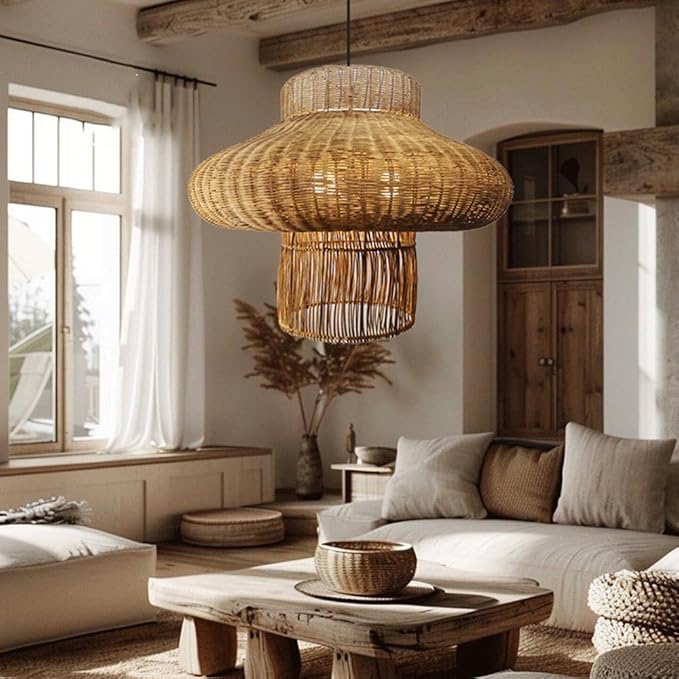 Lantern Shape Rattan Pendant Light, Handwoven Wicker Chandelier,Natural Plant Rattan Hanging Lamp,Japanese Wabi-Sabi Chinese Zen Southeast Asian Fixture,for Living Room Tea Room Restaurant