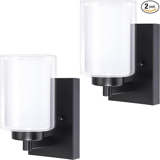 Pia Ricco Wall Sconces Set of Two, Hardwired Bathroom Wall Sconce with Double Glass Shade, Modern Bedside Wall Lamps, Farmhouse Vanity Light Black Wall Lights for Living Room, Bedroom, Hallway - Aura Lighting