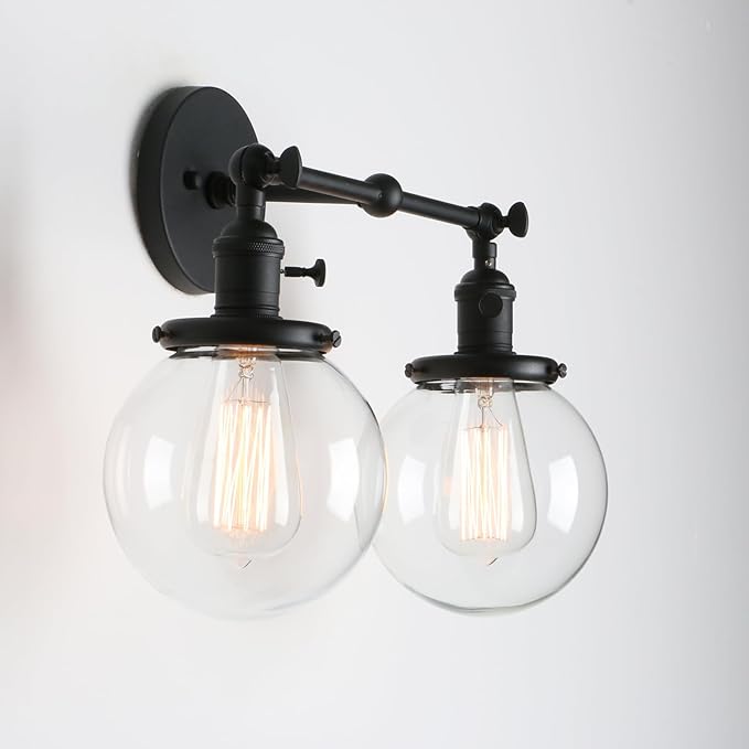 Phansthy 2 Light Industrial Glass Wall Sconce, Bathroom Wall Light with On Off Switch and Swing Arm, 5.9" Diameter Globe Lampshade Wall Lamps for Vanity Mirror Living Room Bedroom (Black)