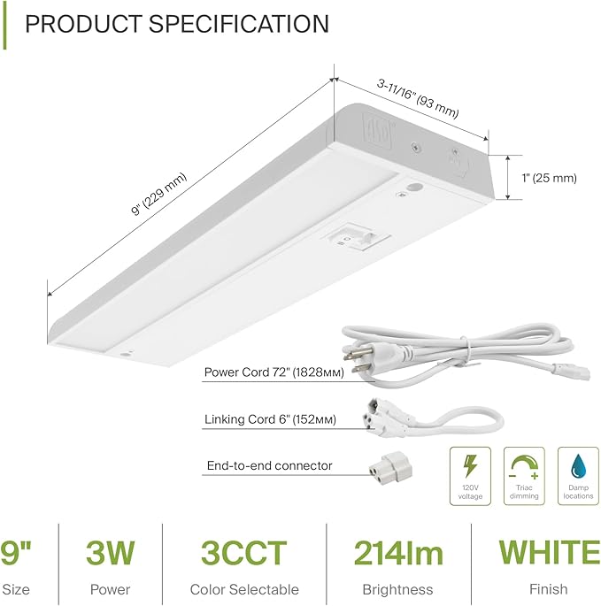 ASD 9 Inch LED Under Cabinet Lighting Plug in or Hardwired, High/Low/Off Switch, 3W 120V 3 CCT 2700K/3000K/4000K CRI90+, Triac Dimmable Linkable Under Counter Lights for Kitchen, ETL Listed, White