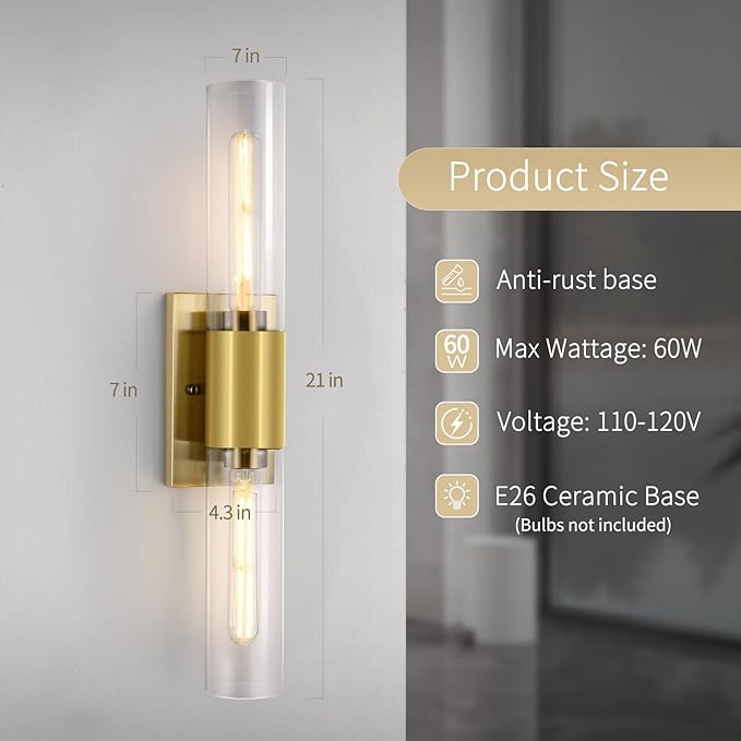 21" Gold Wall Sconces Set of Two, 2-Light Bathroom Sconces Vanity Light Tube Sconce, Clear Glass Indoor Hardwired Mounted Wall Lighting for Living Room,Bedroom,Hallway-Gold Clear (Bulb Not Included) - Aura Lighting