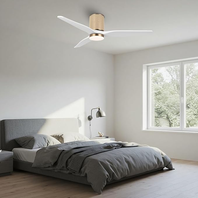 52" Ceiling Fan with Light - Low Profile Flush Mount Ceiling Fan, 6-Speed Remote Control, Solid Wood, Quiet Reversible DC Motor, White/Gold Finish, for Bedroom, Living Room, Porch - Aura Lighting