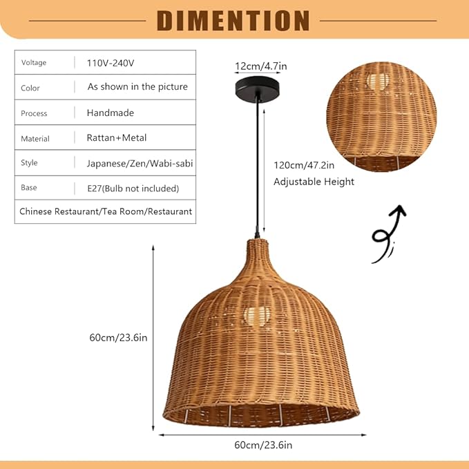 Rattan Pendant Light, Japanese Wabi-Sabi Bell Wicker Chandelier, Zen Handwoven Hanging Lamp, Farmhouse Kitchen Island Lighting Fixture,for Chinese Restaurant Tea Room Hotel Coffee Shop, E27
