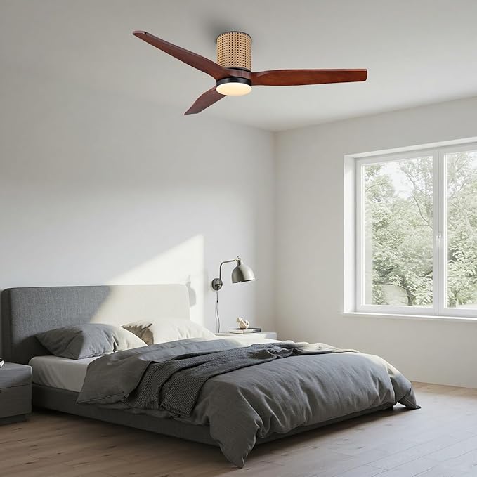 52" Ceiling Fan with Light - Low Profile Flush Mount Ceiling Fan, 6-Speed Remote Control, Solid Wood, Quiet Reversible DC Motor,Walnut/Black Finish, for Bedroom, Living Room, Porch - Aura Lighting