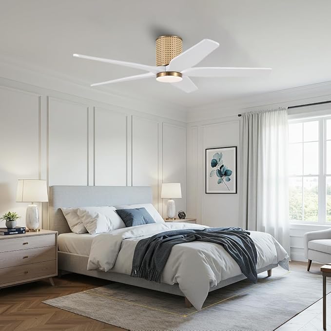 54" Ceiling Fan with Light - Low Profile Flush Mount Ceiling Fan, 6-Speed Remote Control, Solid Wood, Quiet Reversible DC Motor, White/Gold Finish, for Bedroom, Living Room, Porch - Aura Lighting