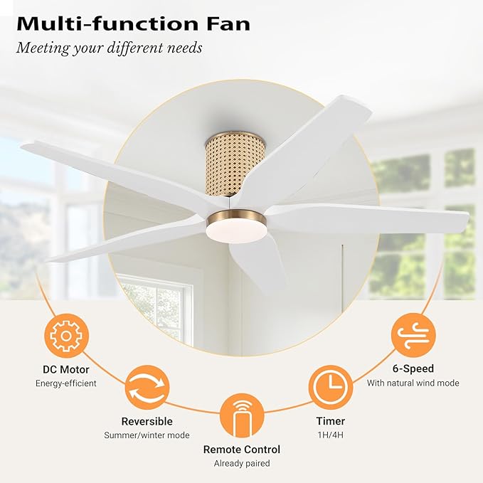 54" Ceiling Fan with Light - Low Profile Flush Mount Ceiling Fan, 6-Speed Remote Control, Solid Wood, Quiet Reversible DC Motor, White/Gold Finish, for Bedroom, Living Room, Porch - Aura Lighting