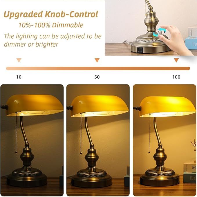Rustic Banker's Desk Lamp Stepless Dimmable, Traditional Bankers Desk Lamp with USB Port and Outlet, Vintage Farmhouse Table Lamp for Home Office Library