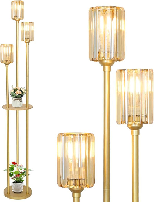 HMVPL Gold Standing Lamp with Shelf, Vintage Floor Lamp for Living Room, Retro Floor Lamp with Table, Mid Century Tall Lamp with Amber Crystal Shade, On/Off Switch, Brass Boho Corner Lamp for Bedroom - Aura Lighting
