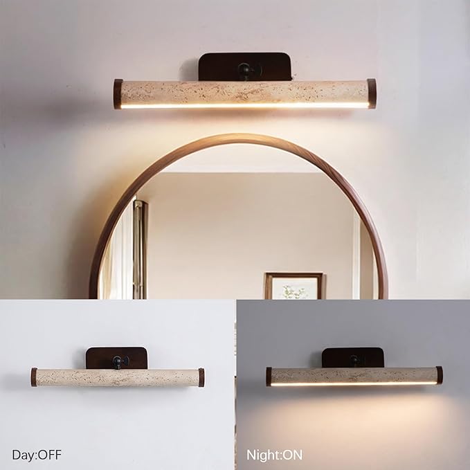 Yellow Travertine Bathroom Light Fixtures, Natural Stone LED Vanity Lamp for Over Mirror, 180° Adjustable, Japanese Style Wabi-sabi Marble Wall Light for Bedroom Artwork Poster