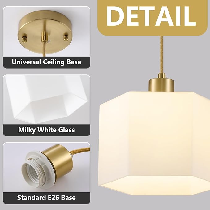 1 Pack Milk Glass Pendant Lights Kitchen Island, Modern Gold Hanging Light Fixture, Mid-Century Hexagonal Ceiling Lamp, Mini Farmhouse Chandelier for Dining Room Sink Bathroom Bedroom Hallway