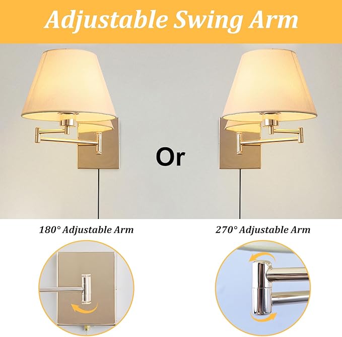 Rose Gold Wall Sconce Plug in, Swing Arm Wall Lamp Set of Two Mid-Century Modern Wall Light Fixtures with Beige Fabric Shade for Living Room Doorway Study Room Bedroom Reading Lamps with Switch