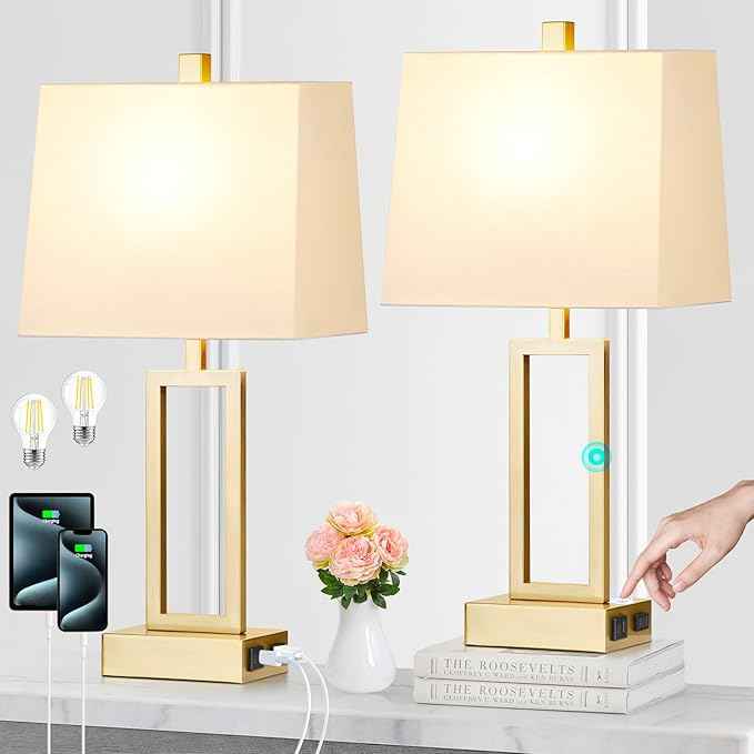 23.5" Touch Control Table Lamps, Metal Bedside Lamp for Bedroom Set of 2 with USB A+C Ports & AC Outlet, 3-Way Dimmable Nightstand Lamp for Living Room (LED Bulb Included)