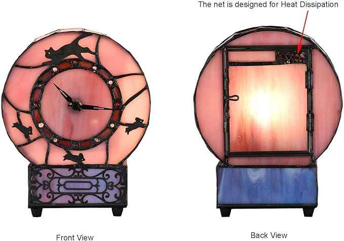 Bieye L10911 Cat and Mouse Tiffany Style Stained Glass Desk Clock Table Lamp for Home Decor (Pink)
