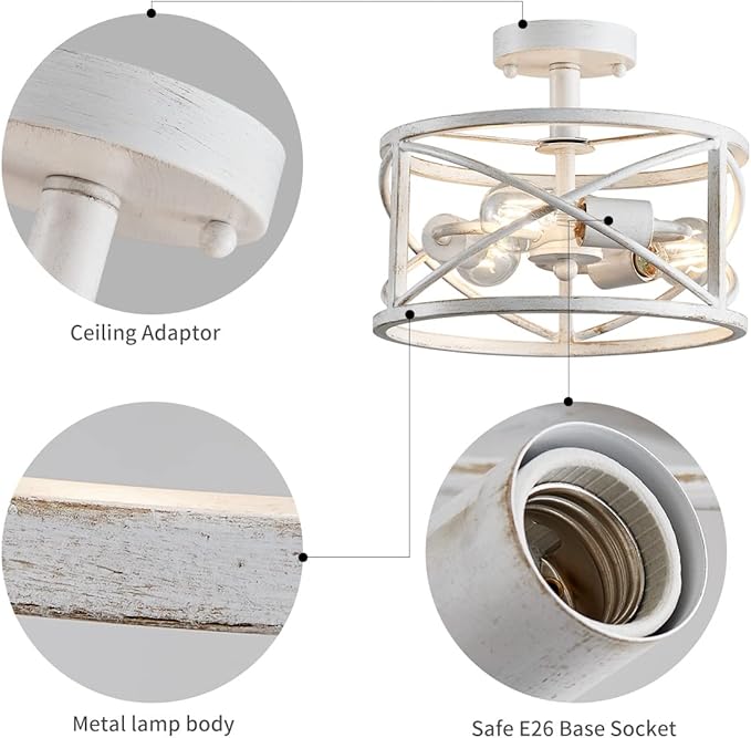 WUZUPS Chandelier 3-Light Vintage Farmhouse Industrial Semi-Flush Mount Ceiling Light Lighting Fixture for Foyer Bedroom Hallway Storage Room Kitchen Bathroom, H 9.4" x W 12", E26 Base, Antique White