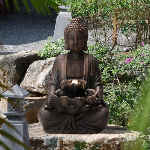 Zen Style Meditating Buddha Statue Fountain Polyresin Outdoor Decoration with Pump and LED Light