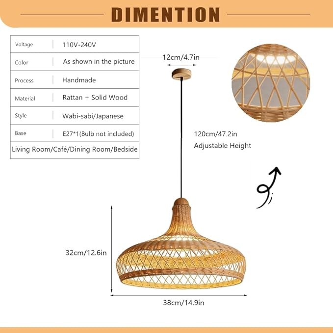Rattan Wicker Pendant Light,Japanese Wabi-Sabi Vintage Bamboo Chandelier,Zen Natural Handwoven Hanging Lamp with Solid Wood Ceiling Plate,Living Room Fixture for Dining Room Bedside