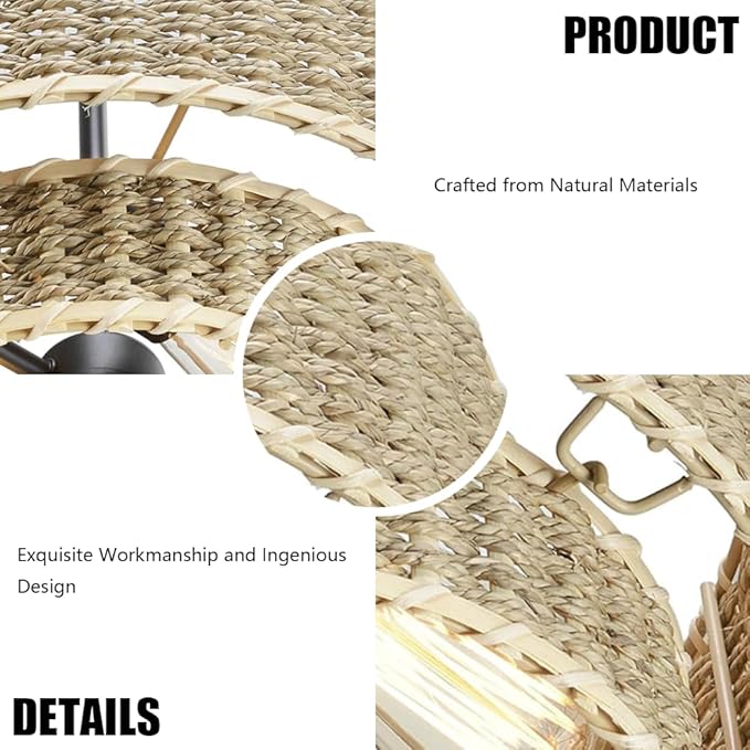 13.9inRattan Pendant Light,Japanese Retro Restaurant Bamboo Lighting Fixture,Wabi-Sabi Double Layer Column Chandelier,Handwoven Hanging Lamp,for Shop Living Room Tea Room Kitchen Island,E26