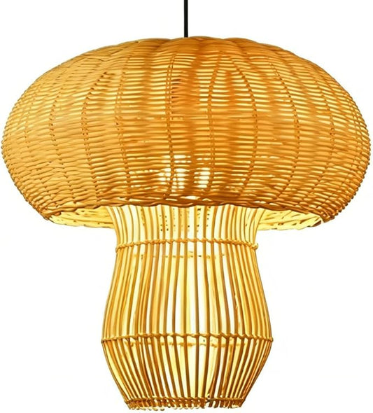 Wabi-Sabi Large Rattan Pendant Light, 17.7in Mushroom Shape Chandelier,Handwoven Wicker Hanging Lamp,Natural Eative Retro Rattan LED Lighting Fixture for Dining Room Restaurant Café Hotel