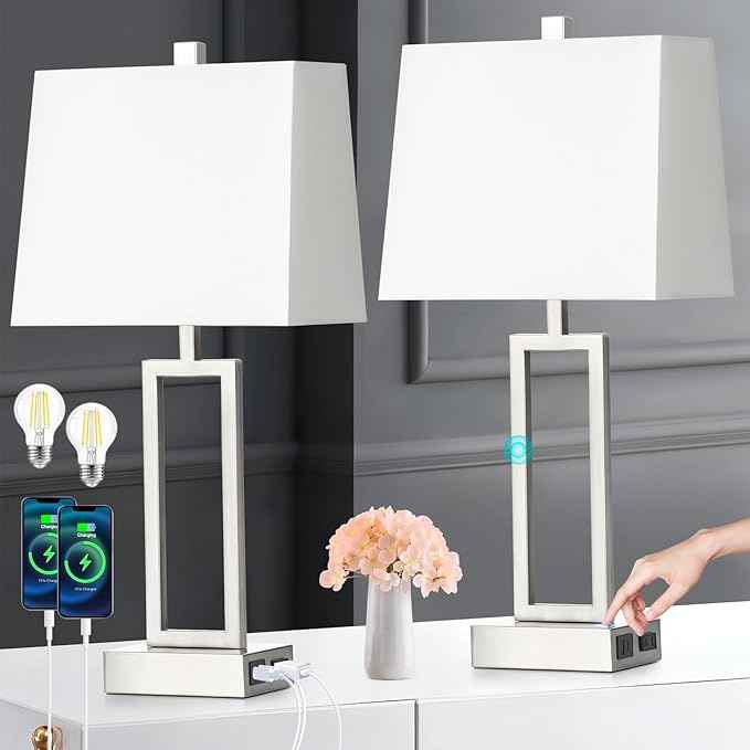 Touch Control Table Lamps for Living Room, 3-Way Dimmable Modern Table Lamp with USB A+C Charging Ports & AC Outlets, Bedside Contemporary Nightstand Desk Lamps with Fabric White Shade for Bedrooms
