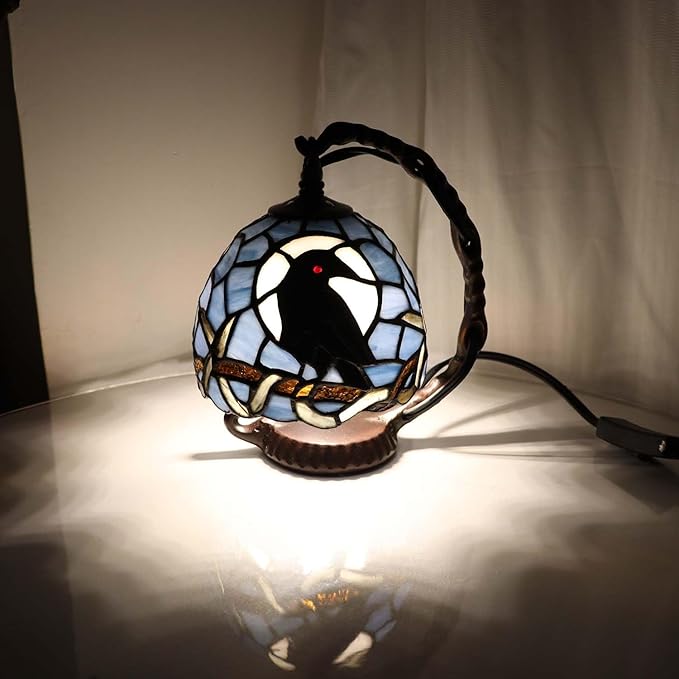 Bieye L12011 Tiffany Style Stained Glass Raven Table Lamp Mini Night Light with Full Moon and Tree Branch Design Bedside Accent Lamp (Dark Blue, 7Wx8H)