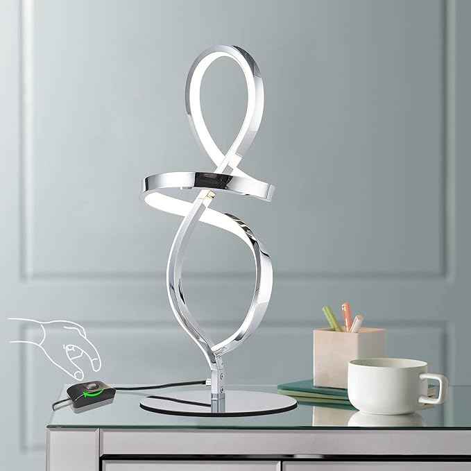 Mayful Modern Table Lamp with LED Spiral Design, Bedside Lamp with Stepless Dimming Switch, Contemporary Nightstand & Chrome Table Lamp for Bedroom, Living Room, Home Office, 12W 3200K Warm White