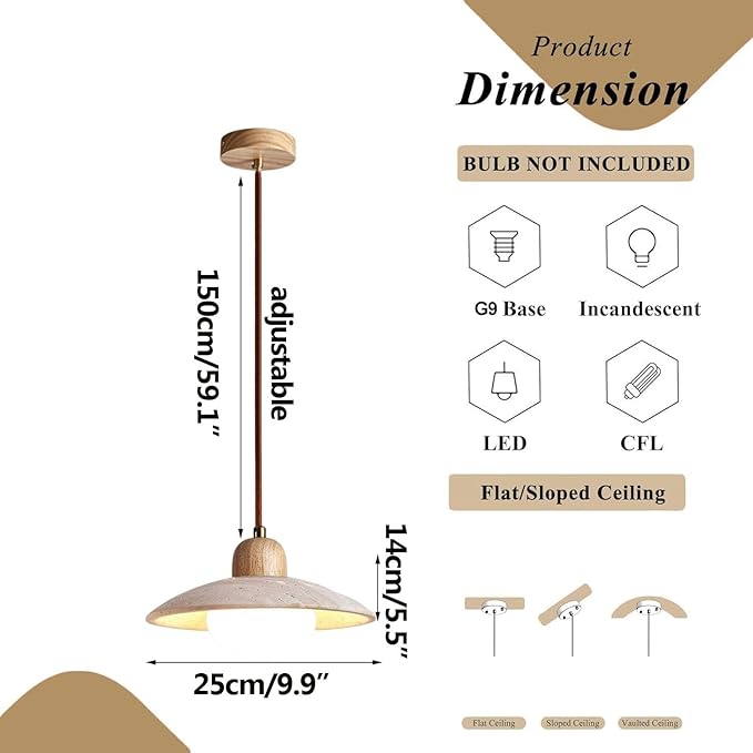 Wabi Sabi Pendant Light Natural Stone Retro Japanese Style Yellow Travertine Pendant Lighting Vintage Wood Hanging Light Fixture Adjustable Height For Bedroom, Kitchen Island, Dining Room