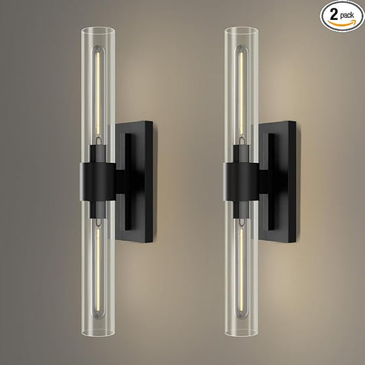 YUYI Black Wall Sconces, 22.8'' Wall Light Set of Two for Bathroom Vanity, Modern Wall Lighting Fixtures with Glass Shade, Indoor Wall Sconces for Bathroom, Bedroom, Living Room, Hallway, Fireplace - Aura Lighting