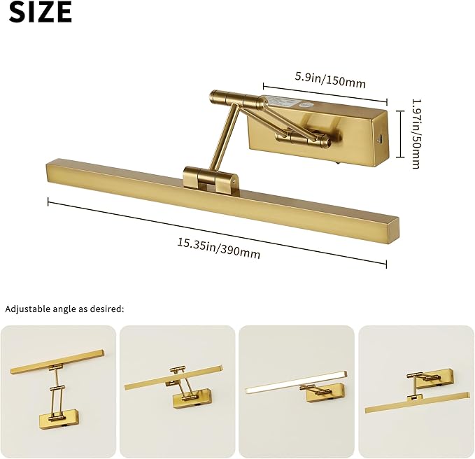 Rechargeable Lights for Pictures on Wall Battery Operated Brass 15.7 Inch Wall Lights with Swing Arm and Timer Function Cordless Art Light with Remote Timer for Paintings,Gallery