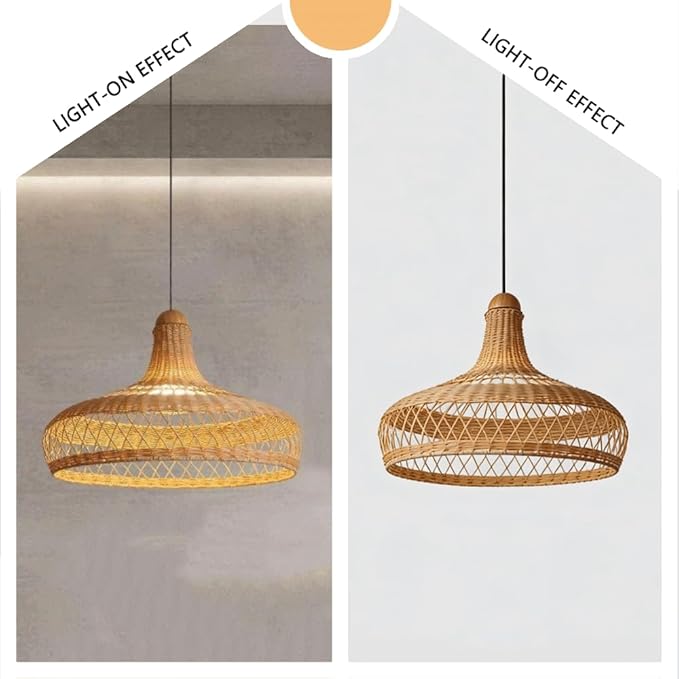 Rattan Wicker Pendant Light,Japanese Wabi-Sabi Vintage Bamboo Chandelier,Zen Natural Handwoven Hanging Lamp with Solid Wood Ceiling Plate,Living Room Fixture for Dining Room Bedside