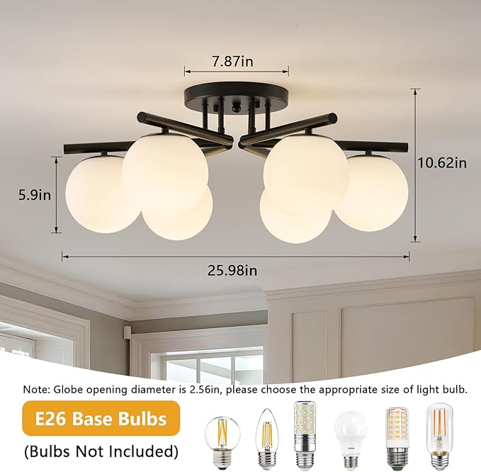 Sputnik Semi Flush Mount Ceiling Light, 6 Globe Lights Sputnik Ceiling Light Fixture, Milk Glass Globe Chandelier for Dining Room, Black Mid Century Modern Chandelier for Living Room, Hallway