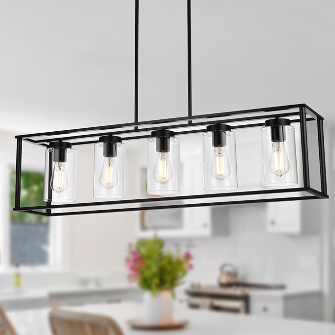 VINLUZ Farmhouse Chandeliers Rectangle Black 5 Light Dining Room Lighting Fixtures Hanging, Kitchen Island Cage Pendant Lights Contemporary Modern Ceiling Light with Glass Shade Adjustable Rods - Aura Lighting