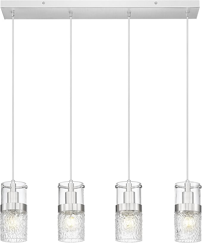 LMS 4-LightIsland Lighting, Brushed Nickel Kitchen Island Light Fixture, Farmhouse Linear Chandeliers for Dining Room Over Table Pendant Light with Hammered Glass for Living Room, LMS-171BN4L - Aura Lighting